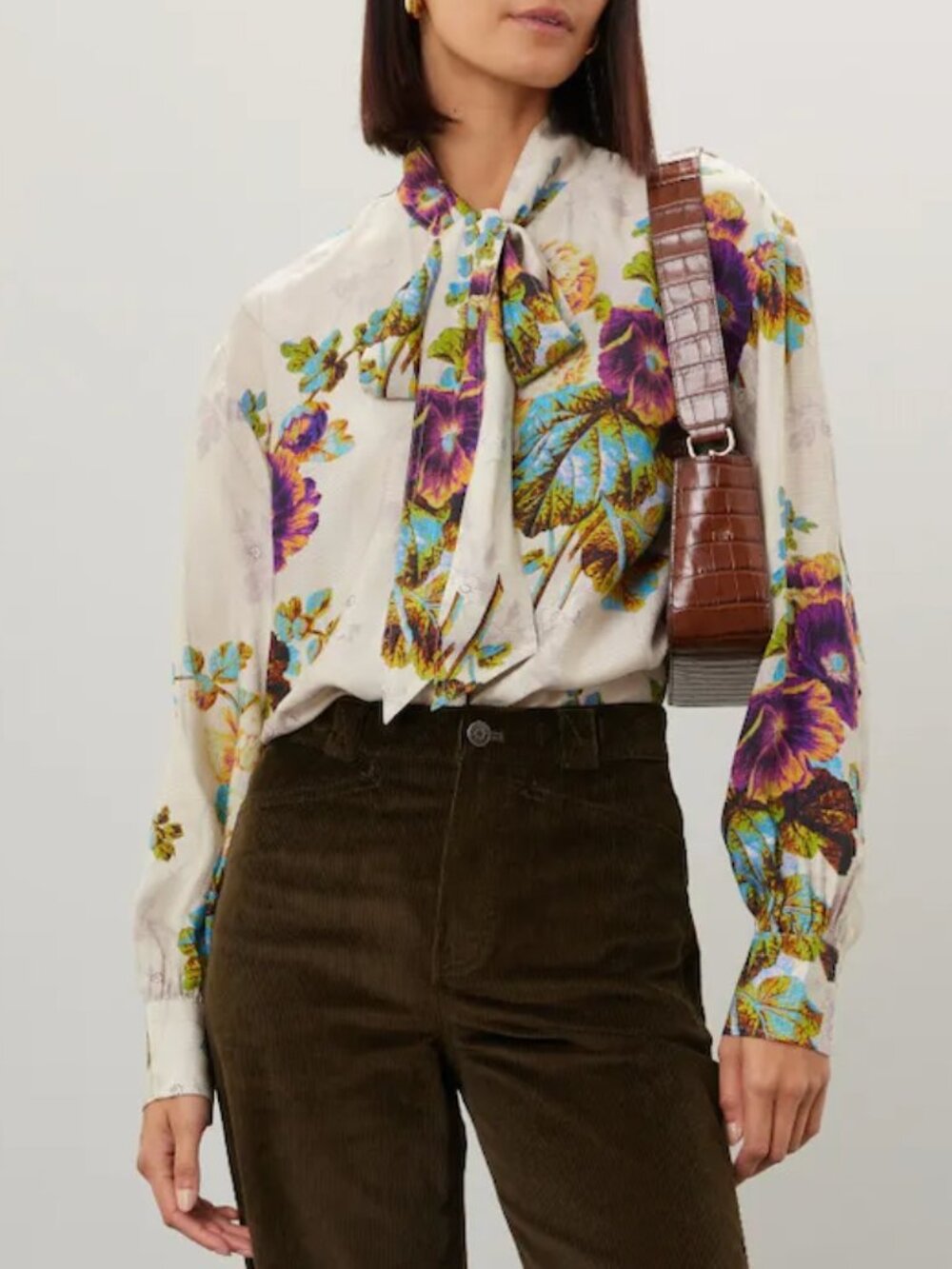 Tory Burch Floral Pussy-Bow Blouse Top in Cream White Floral Satin Long Sleeve